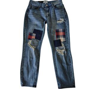 Umgee Boyfriend Distressed Patched Straight Leg Denim Blue Jean Size 27
